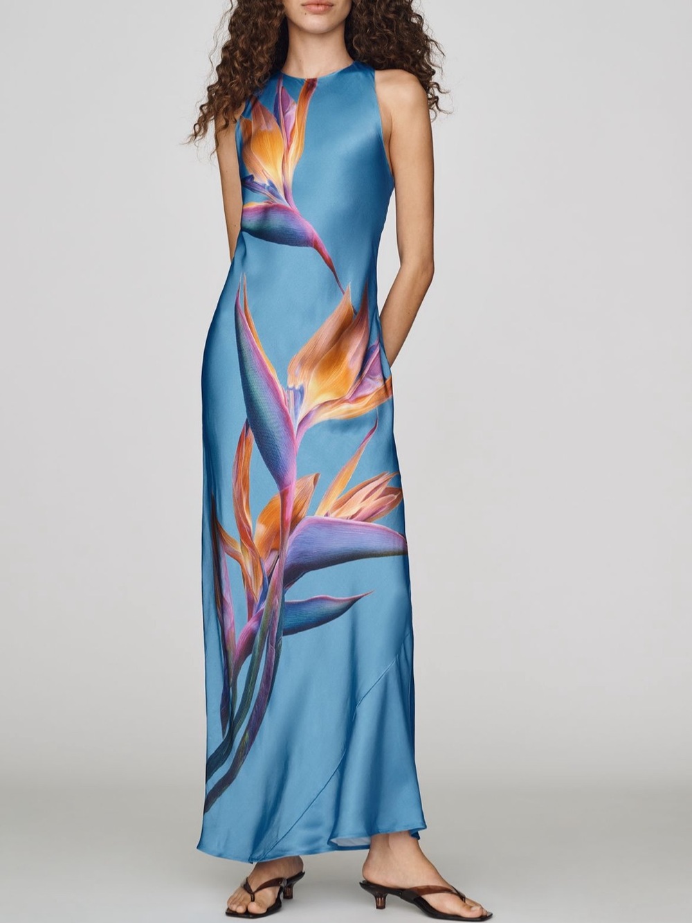 Anthropologie Blue Maxi Dress with Orange & Purple Floral Print